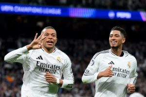 Kylian Mbappe (left) scored his first Champions League hattrick for Real Madrid to beat Manchester City in the Round of 32. 