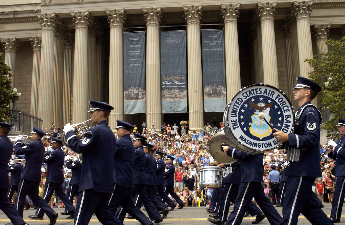 The United States Air Force Band marching  past the National Archives Museum in Washington D.C.