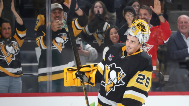 Marc-André Fleury saying farewell to fans as the game ended