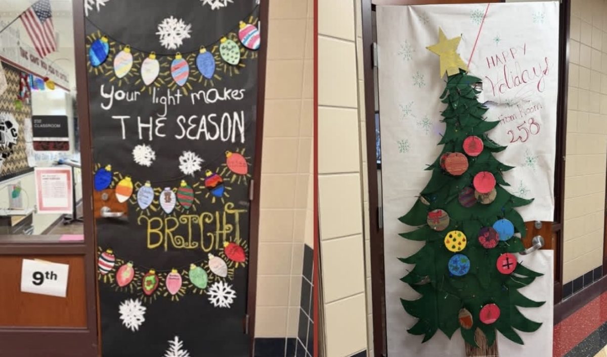 2 festive doors decorated by English teacher Mrs. Ricciardi (left) and History teacher Mr. Junko (right)