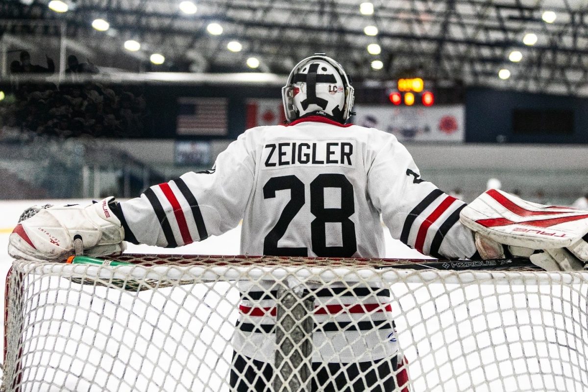 High school senior goalie Tyler Zeigler in between the pipes